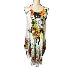 ASHA Women White Tropical Floral Butterfly Rayon Sharkbite Hem Pocket Dress OS